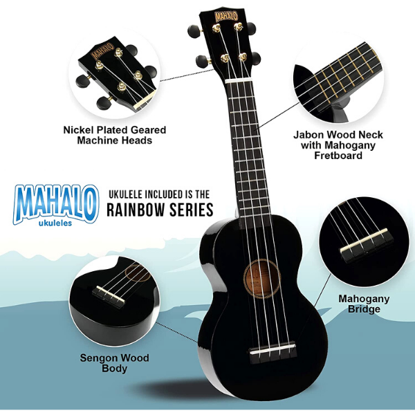 Ukulele -  Mahalo Rainbow Black Learn 2 Play Essential Kit